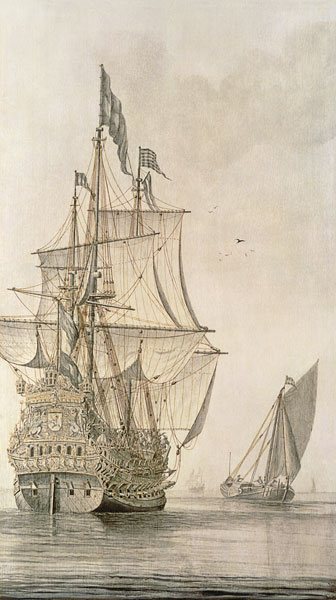 A Man-o'-war under sail seen from the stern with a boeiler nearby from Cornelius Bouwmeester