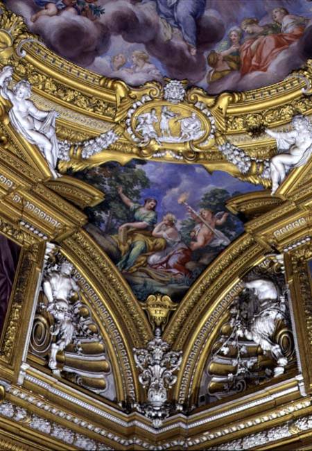 The 'Sala di Apollo' (Hall of Apollo) detail of pendentive depicting the muses Thalia and Clio from Pietro  da Cortona,