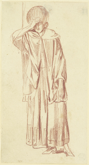 Stehende Frau von vorne gesehen, an einen Pfeiler gelehnt, die rechte Hand an die Stirn haltend from Daniel Chodowiecki