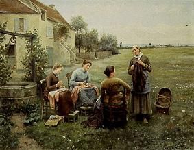 Sewing hour at the fountain from Daniel Ridgway Knight