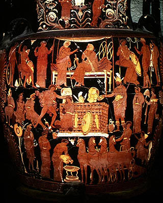 Apulian red-figure volute crater, detail of the sacrifice of Trojan prisoners by Achilles at the fun from Darius Painter