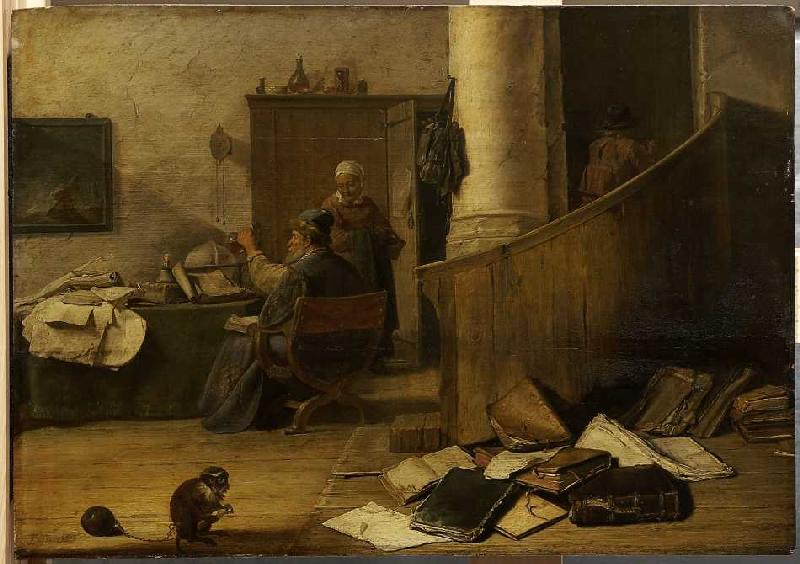 Ein Arzt betrachtet in seinem Studierzimmer ein Uringlas. from David Teniers