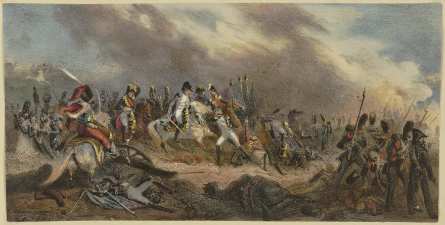 Napoleon mit seinem Hut über ein Schlachtfeld reitend from Denis Auguste Marie Raffet