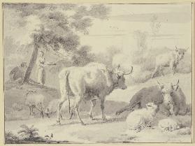 Kühe und Schafe, links unter einem Baum Hirte und Hirtin