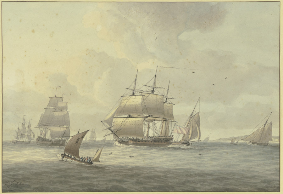 Leicht bewegte See, unter vielen Schiffen ein Dreimaster mit vollen Segeln nach links, vorne ein Seg from Dominic Serres