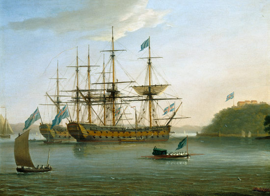 Two British Men of War moored under Mount Edgecomb, Plymouth with the admiral's barge returning to s from Dominic Serres