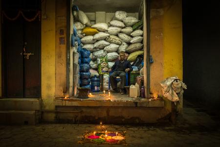 The Rice sacks shop - Night at the narrow streets of Kathmandu
