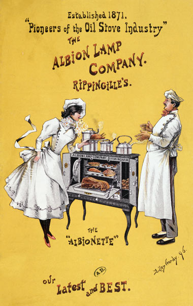 Advertisement for 'The Albionette' oven, manufactured by 'The Albion Lamp Company' from Dudley Hardy