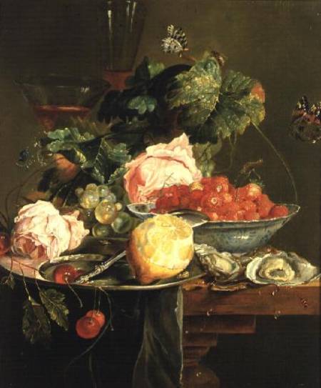 Still Life of Roses, Oysters, Strawberries in a Porcelain Bowl and Other Fruits on Pewter Ware from Dutch School