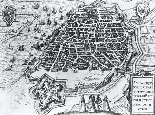 Map of Antwerp, 1598 (engraving) (b/w photo) from Dutch School, (16th century)