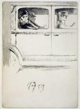 A couple in a chauffeur driven car, illustration for Mitsou by Sidonie-Gabrielle Colette