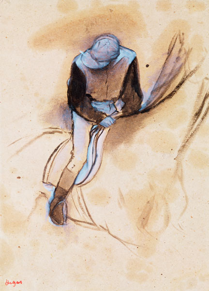 Jockey flexed forward standing in the saddle, 1860-90 (pastel & charcoal on paper) from Edgar Degas