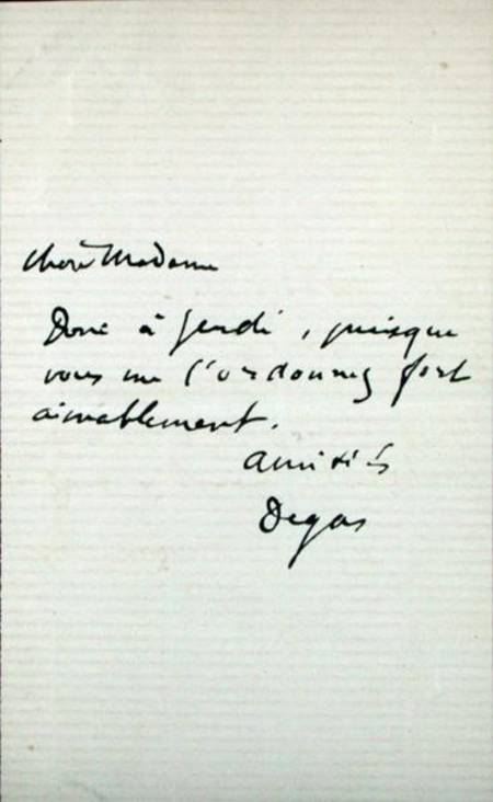 Letter from the artist to Berthe Morisot (1841-95) from Edgar Degas