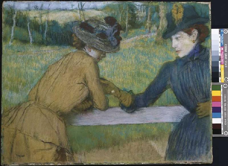 Zwei Frauen beim Gespräch an einem Zaun. from Edgar Degas