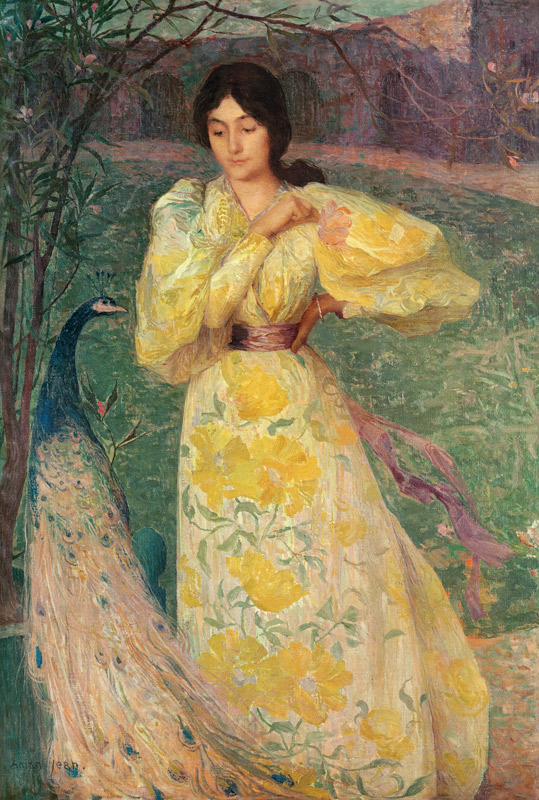 Young Girl with a Peacock (oil on canvas) from Edmond-Francois Aman-Jean