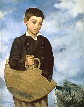 Boy with basket and dog.