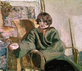Woman seated next to a stove (oil on canvas) 