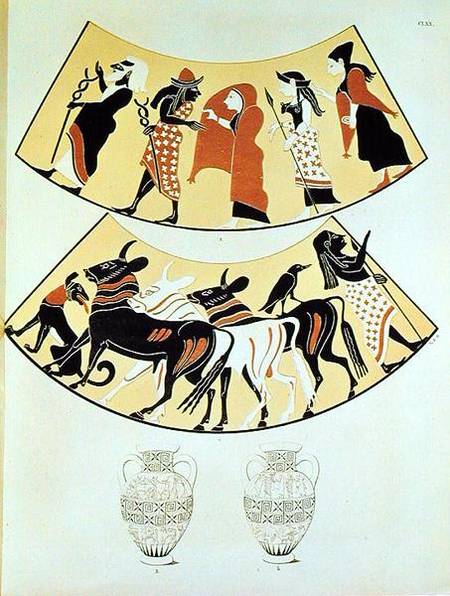 Designs from an Etruscan vase depicting a procession of priests and marking out a new city's limits from Eduard Gerhardt