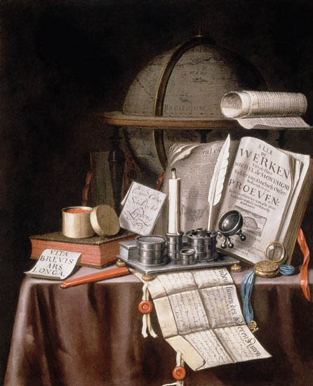 Quiet life with manuscripts, candle, globe and silver writing dishes from Edwaert Colyer