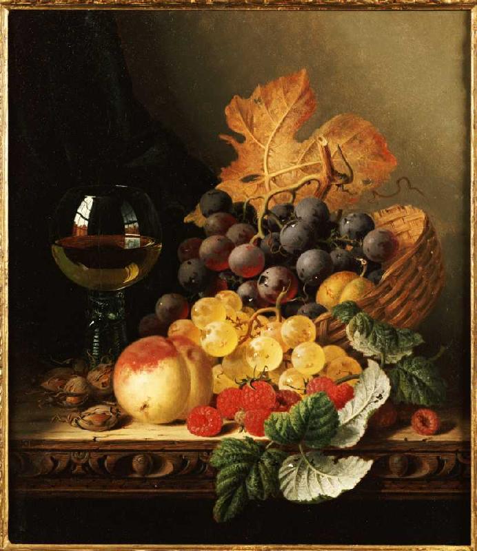 Ein Korb mit Weintrauben, Himbeeren, einem Pfirsich und einem Glas Wein. from Edward Ladell