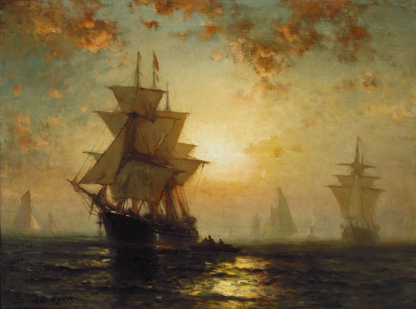 Sailing ships at sunset from Edward Moran