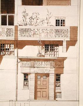 Doorway and Front Elevation of Studio and House for Frank Miles (1852-91), Tite Street, Chelsea
