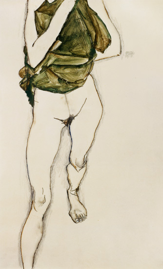 Striding torso in a green shirt. from Egon Schiele