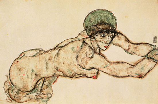 Woman act with a green bonnet lying to the right from Egon Schiele