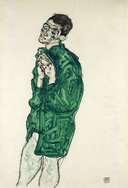 Self-portrait in green shirt with eyes closed from Egon Schiele