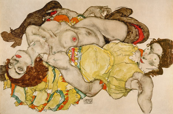 Two girls, lying in position crossed over from Egon Schiele