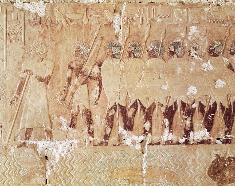 Relief depicting soldiers sent by Queen Hatshepsut on an expedition to the Land of Punt to bring bac from Egyptian