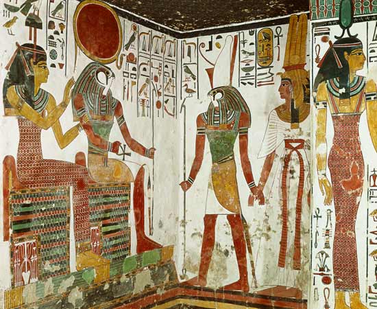 Nefertari is brought before the god Re-Horakhty by Horus, from the Tomb of Nefertari, New Kingdom from Egyptian