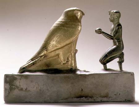 Statue of King Taharqa worshipping the falcon-god Hemen, Egyptian, Third Intermediate Period (gold, from Egyptian