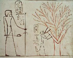 Isis metamorphosed into a sycamore tree suckling Tuthmosis III (c.1479-1425 BC)