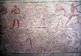 Relief depicting people carrying offerings of food, from the Mastaba of Akhethotep, Old Kingdom
