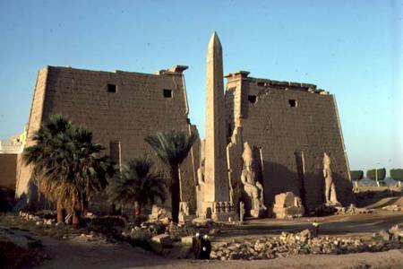 View of the North East facade of the Temple with the pylon and obelisk, New Kingdom from Egyptian