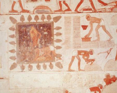 Wall painting depicting two men collecting water from a square lake surrounded by trees and slaves m from Egyptian