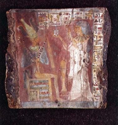 Interior of the sarcophagus of the singer, Toarnemiherti, showing the deceased offering incense to O from Egyptian 21st Dynasty
