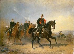 Emperor Wilhelm I. of Preussen to horse with Bismarck and Moltke
