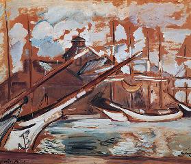 Harbour scene, by Othon Friesz (1879-1949), oil on cardboard, 54x65 cm. France, 20th century.