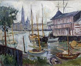 Pond with fishing boats Painting of Achille-Emile (Achille Emile) Othon Friesz (1879-1949) 20th cent
