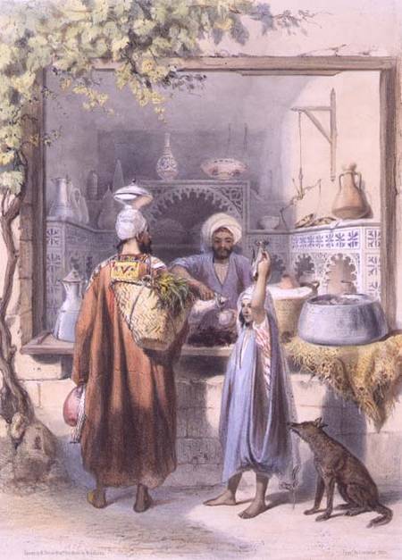 A Zeyat or Oil Seller with Customers in his Shop in Cairo, illustration from 'The Valley of the Nile from Emile Prisse d'Avennes