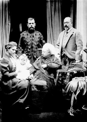 Queen Victoria, Tsar Nicholas II, Tsarina Alexandra Fyodorovna, her daughter Olga Nikolaevna and Alb from English Photographer, (19th century)