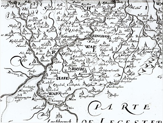Detail of a map of the county of Nottinghamshire showing the town of Nottingham from English School