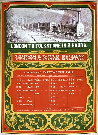 Early timetable for the London to Dover Railway from English School