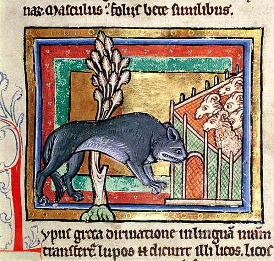 MS Roy 12 C XIX fol.19 A wolf outside a sheep fold, from a bestiary or moralised history, Durham (12 from English School