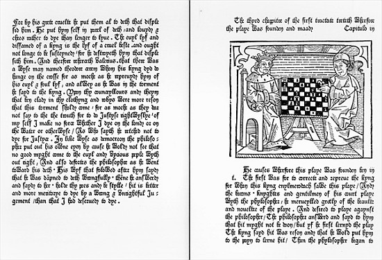 Pages from the English translation of ''De Ludo Saccorum'' Jacques de Cessoles, including an illustr from English School