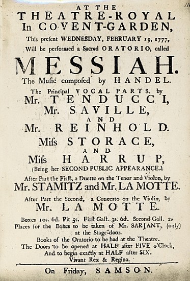 Playbill advertising a performance of Handel''s Oratorio, ''Messiah'' in 1777 from English School