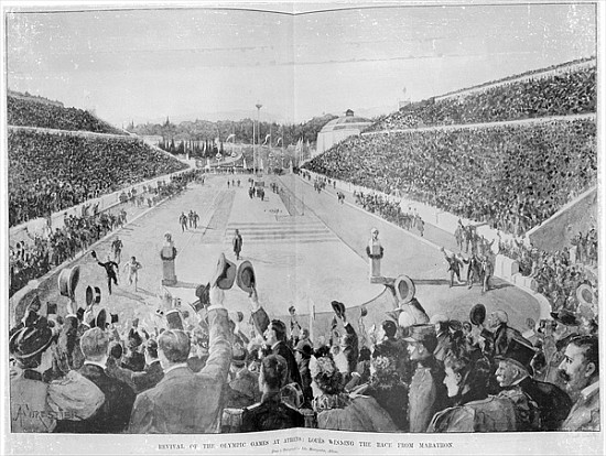 Revival of the Olympic Games in Athens: Loues winning the race from Marathon, 10th April 1896 from English School