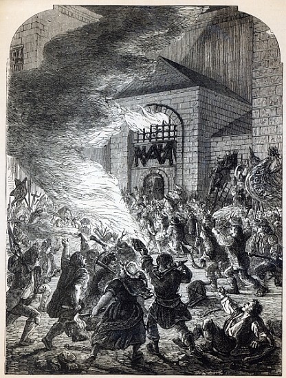 The ''No Popery'' rioters burning the prison of Newgate in 1780 from English School